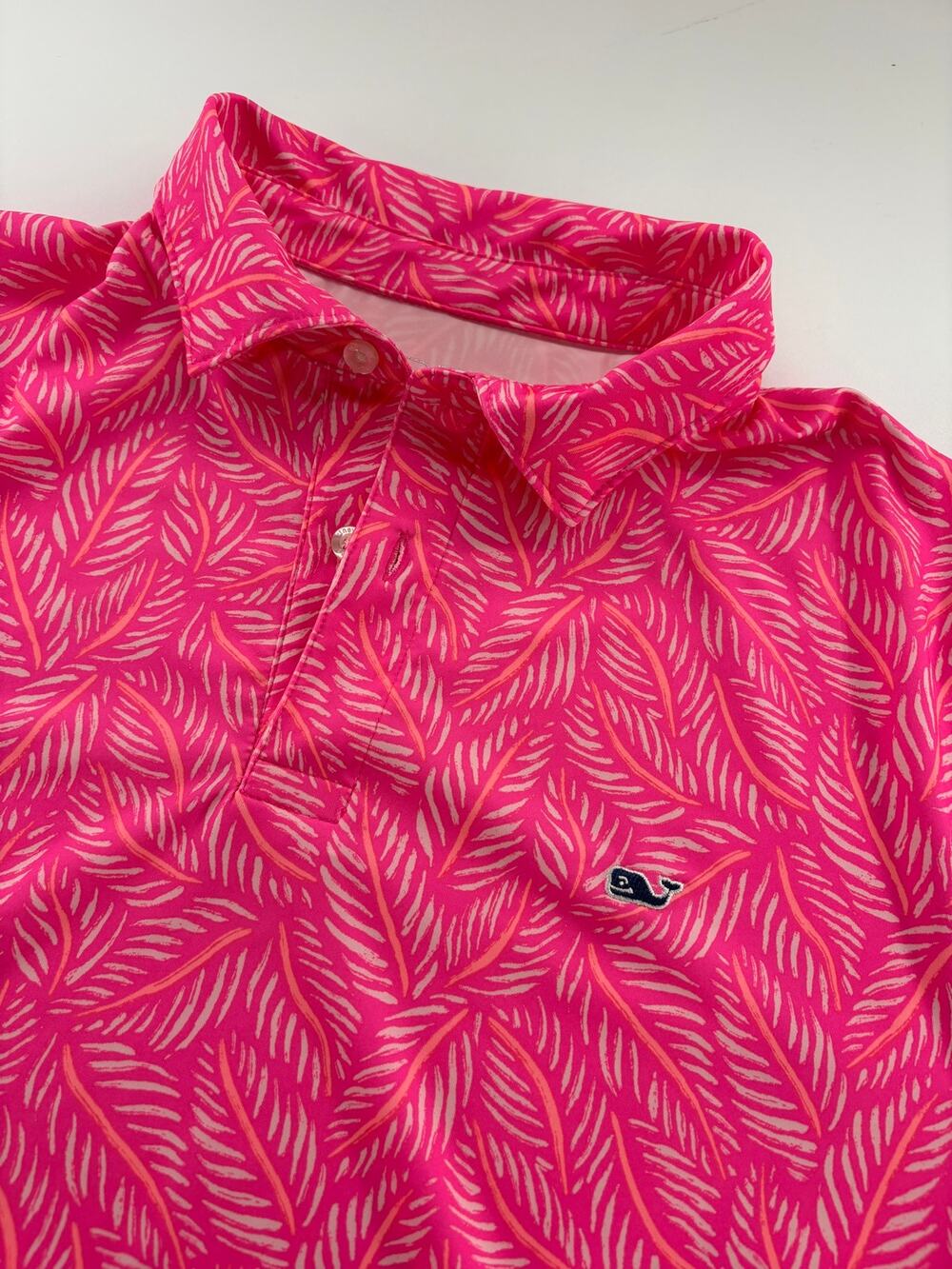 Vineyard Vines Performance Polo Men's S Hot Pink Coral Palm Frond Print Golf